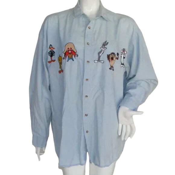 ACME Clothing Shirt L/XL, Chambray, Bugs, Daffy, Tweety, Sylvester, Sam, VINTAGE - Picture 1 of 14